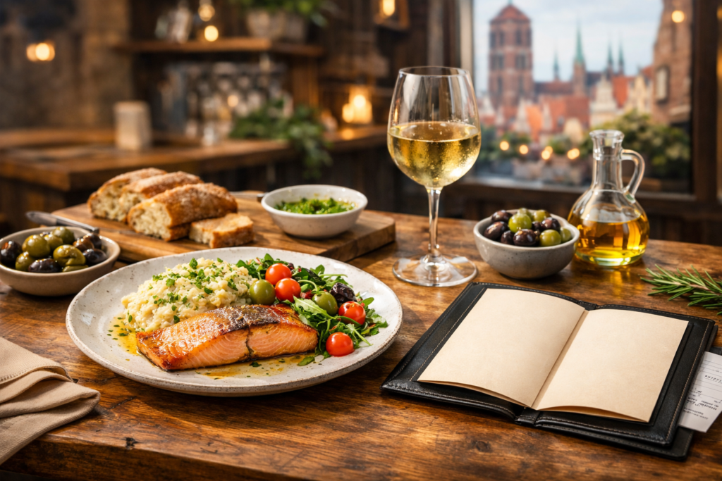 Stół z różnorodnymi daniami inspirowanymi menu bistro w Gdańsku