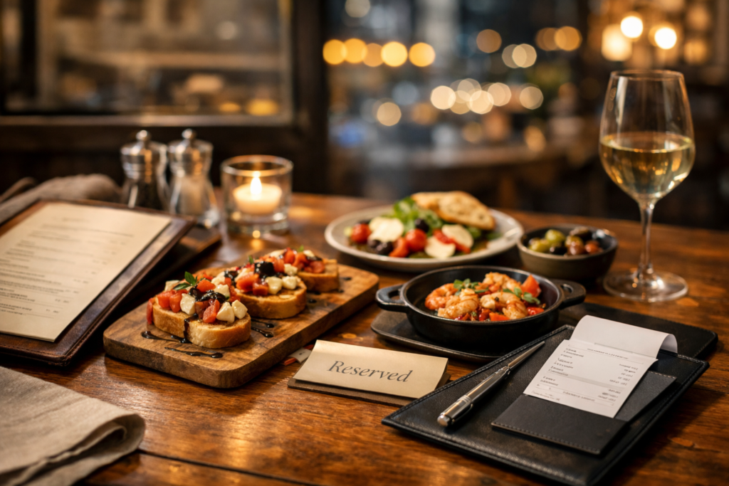 Przystawka na talerzu przy restauracyjnym stole, jako przykład krótkiej wizyty w lokalu