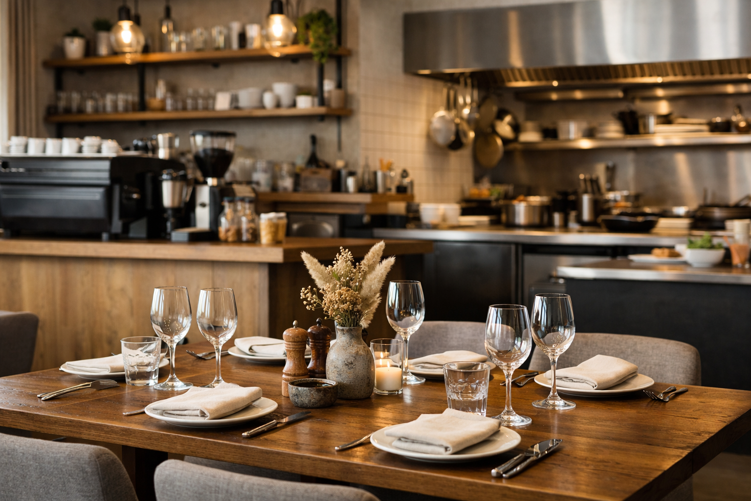 Wnętrze restauracji z barem kawowym i nakrytym stołem