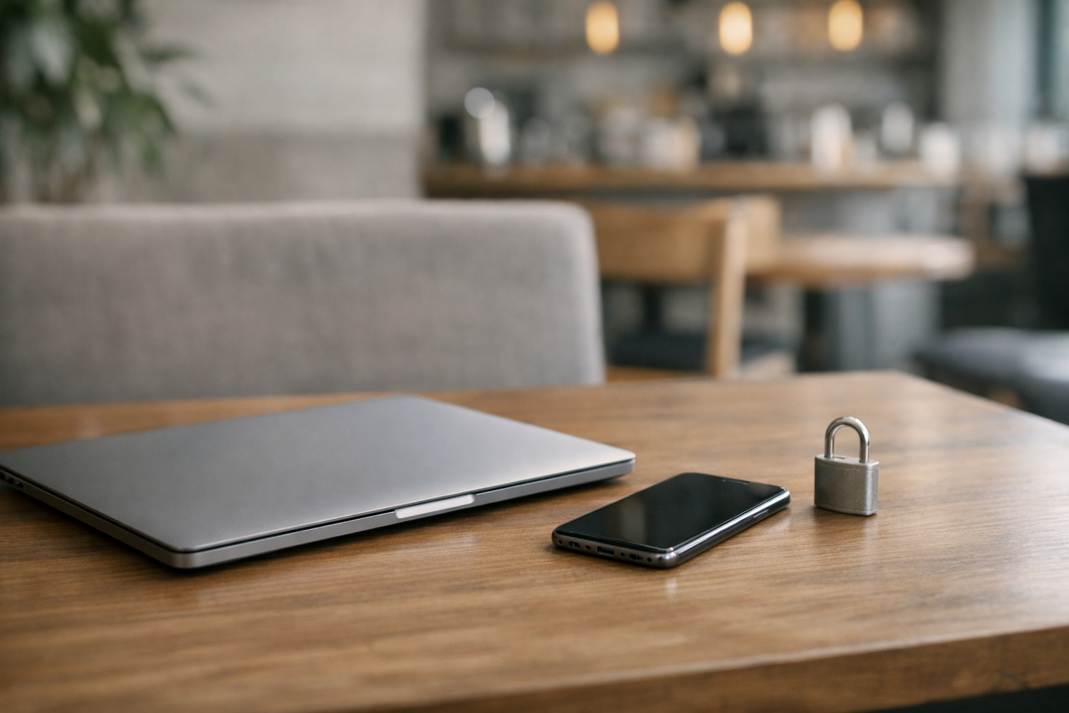 Laptop, smartfon i kłódka na stoliku w kawiarni