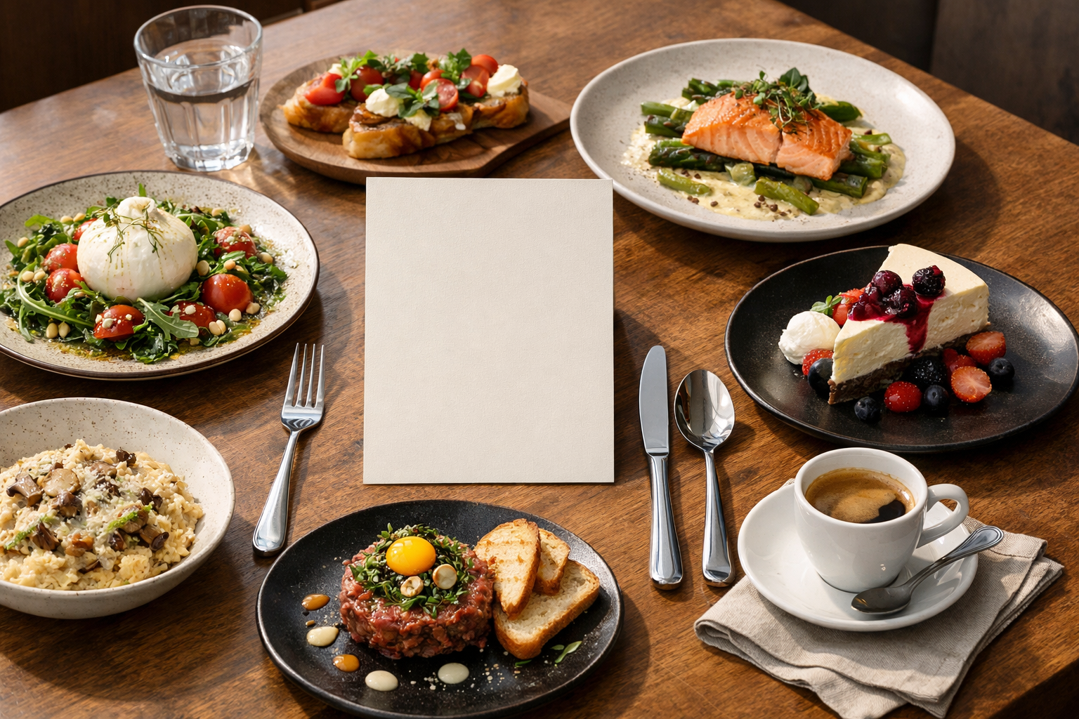 Stół restauracyjny z daniami i kawą